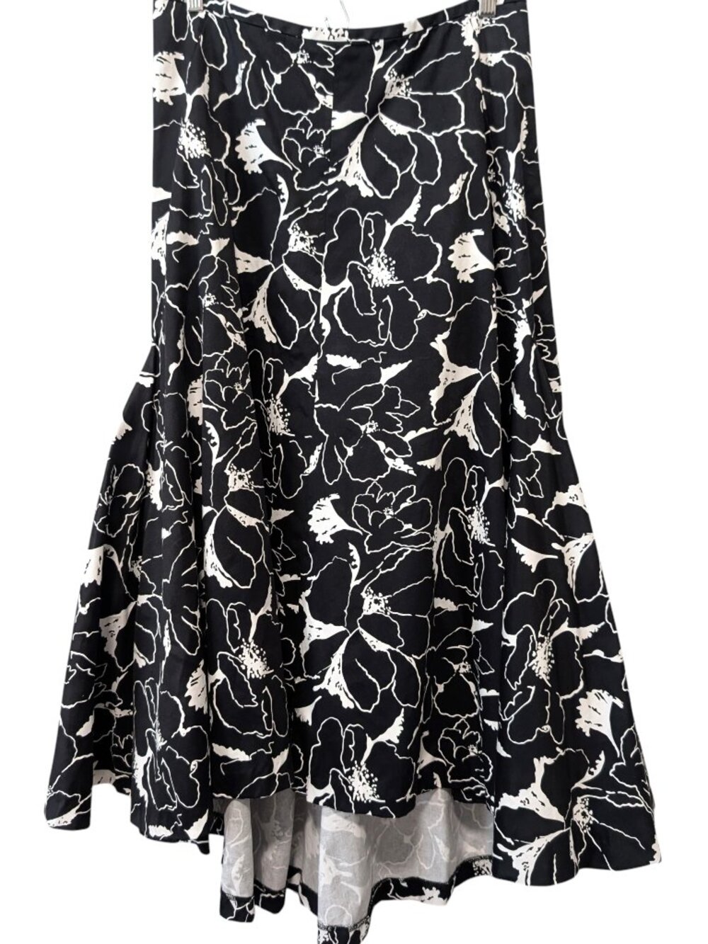 J Peterman Womens Size 12 Black White Floral Flared Mermaid High Low Midi Skirt